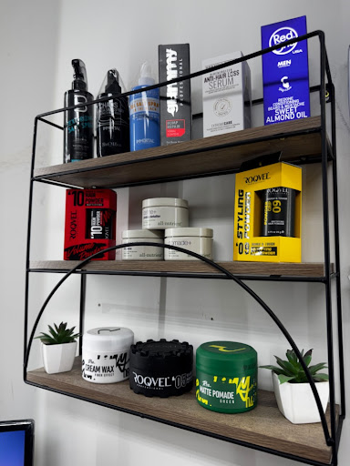 Grooming products, pomades and styling shelf